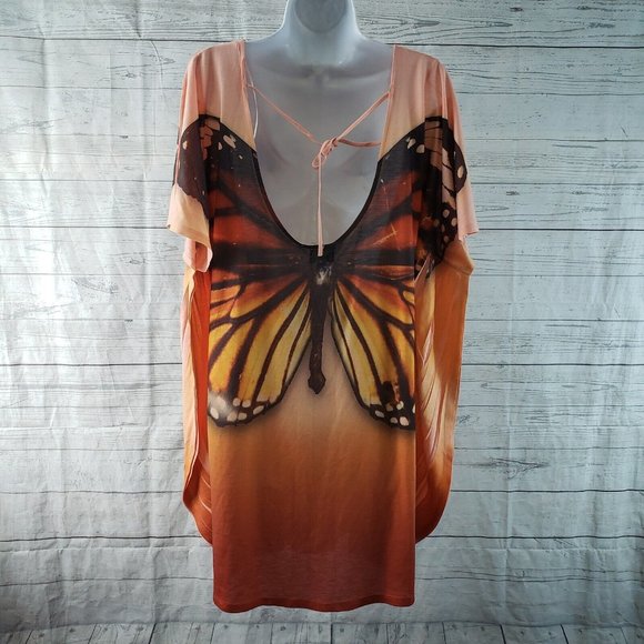 Unity Beach Womens Top Sz XL Orange Butterfly Scoop Neck - Picture 3 of 5